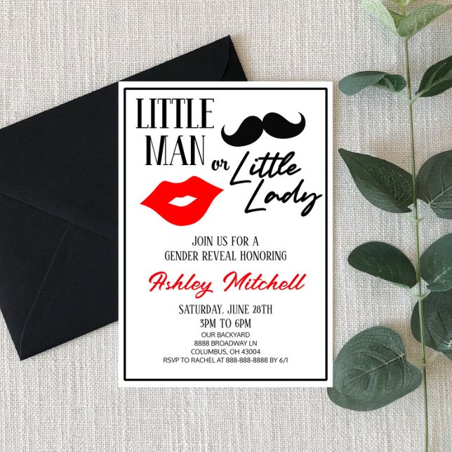 Mustache oder Lipstick Lady oder Man Gender Reveal Einladung (Von Creator hochgeladen)