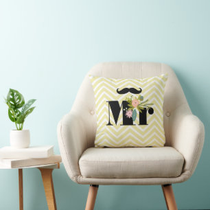 Mustache Pale Yellow White Aquamarin Zig Zag Kissen