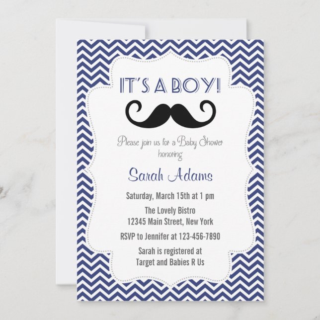 Mustache Party Babydusche Einladung Navy Blue (Vorderseite)
