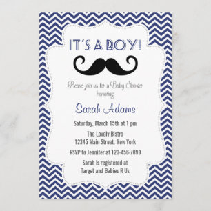 Mustache Party Babydusche Einladung Navy Blue
