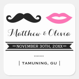 Mustache & Pink Lips Hochzeitsticker Quadratischer Aufkleber