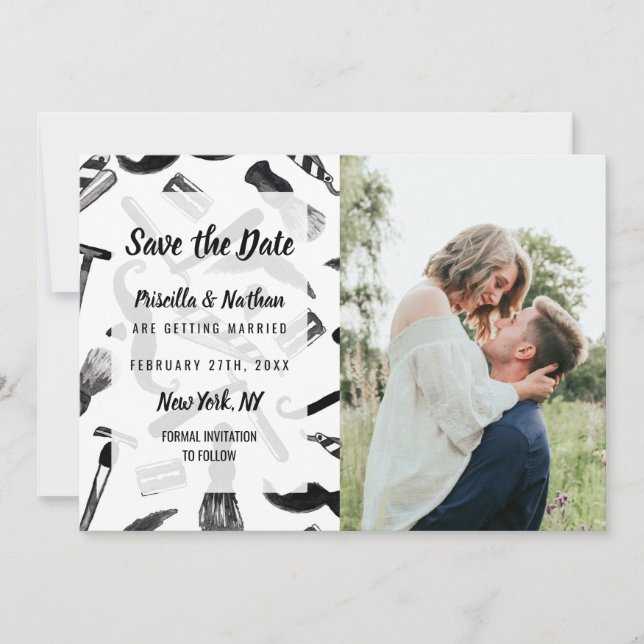 Mustache Razor Shaver Watercolor Frischmuster Save The Date (Vorderseite)