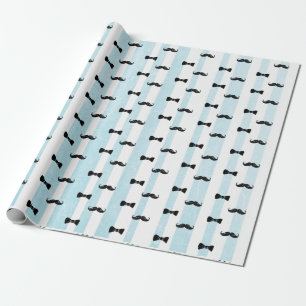 Mustache und Bow Krawatte Blau und Weiß Streifen G Geschenkpapier