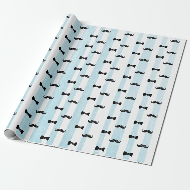 Mustache und Bow Krawatte Blau und Weiß Streifen G Geschenkpapier (Ungerollt)