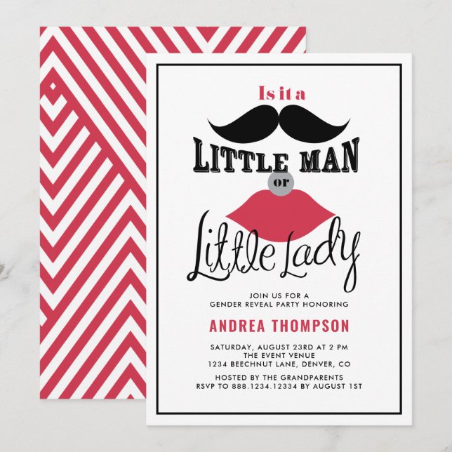 Mustache und Lippen Retro Gender Reveal Baby Dusch Einladung (Vorne/Hinten)