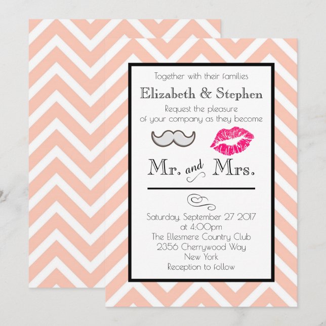 Mustache und Lips Hochzeit Einladung auf Peach Zic (Vorne/Hinten)