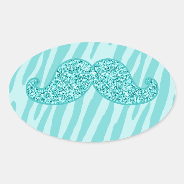 MUSTACHE ZEBRA-STREIFEN MIT AQUAMARINEM GLITZER OVALER AUFKLEBER (Vorderseite)