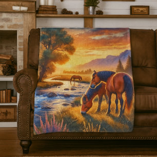 Mustang Horse Grazing by Stream at Sunset Fleecedecke