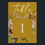 Mustard Brown Floral Wedding | Elegant Fall Boho Tischnummer<br><div class="desc">Bringen Sie Ihrem Empfang warme Herbsttöne mit dieser eleganten Senf-braunen Hochzeitskarte, die mit romantischen Aquarellfloralen und moderner Kalligraphie entworfen wurde. Diese Tischkarte eignet sich perfekt für Hunde, Rustikale oder Hochzeiten im Herbst und hilft den Gästen, ihren Platz im Stil zu finden. Der erdbraune Senfhintergrund paart wunderschön mit Terrakotta, Salbei, Blüte...</div>