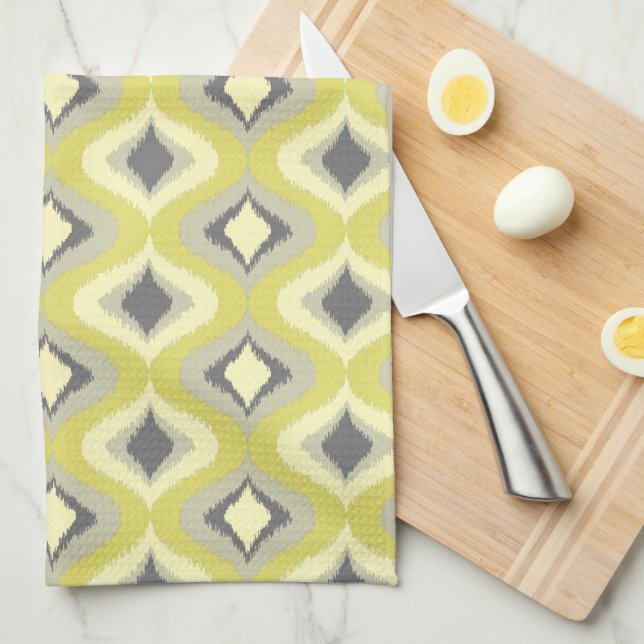 Mustard Ochre Yellow Green Ikat Ogee Art Pattern Geschirrtuch (Viertel Falte)