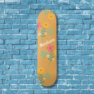 Mustard Retro Daisy Bouquet Motif Skateboard