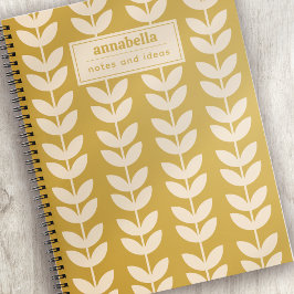 Mustard Retro Vibe Leaf Muster Monogramm Notizbuch