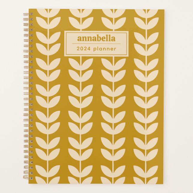 Mustard Retro Vibe Leaf Muster Monogramm Planer (Vorderseite)