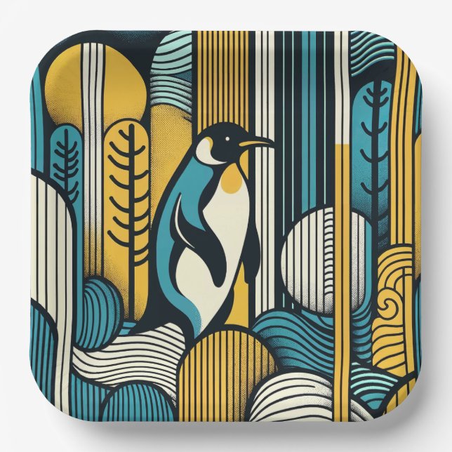 Mustard Yellow Aquamarin Blue Pinguin in Retro Geo Pappteller (Vorderseite)