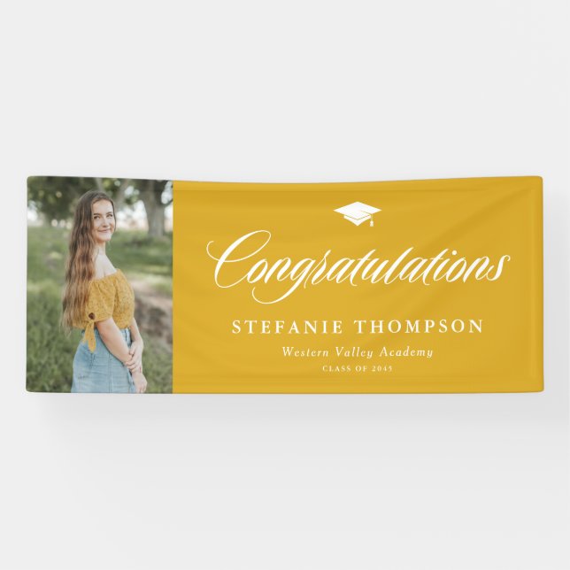Mustard Yellow Bold Calligraphy Foto Abschluss Banner (Horizontal)