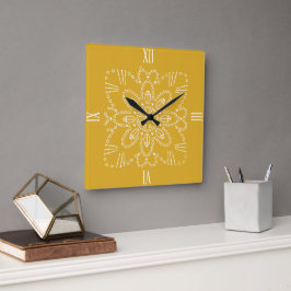 Mustard Yellow Crochet Chart Square Wall Clock Quadratische Wanduhr