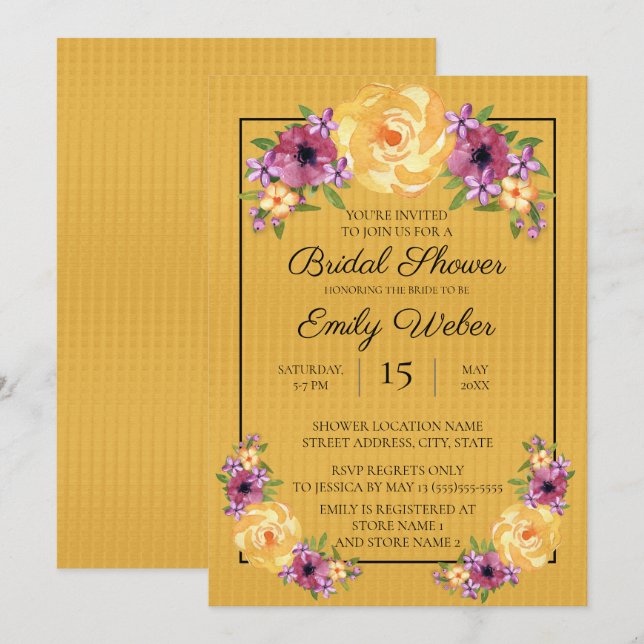 Mustard Yellow Floral Brautparty Einladung (Vorne/Hinten)