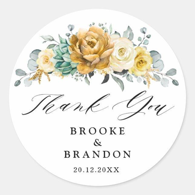Mustard Yellow Floral Moderne Hochzeit Danke Runder Aufkleber (Vorderseite)