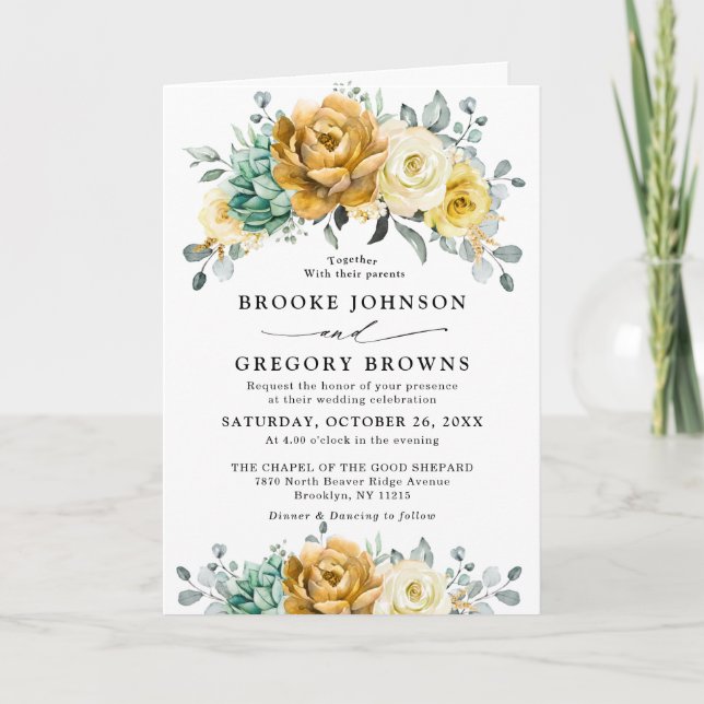 Mustard Yellow Floral Sage Grüne Moderne Hochzeit Einladung (Vorderseite)