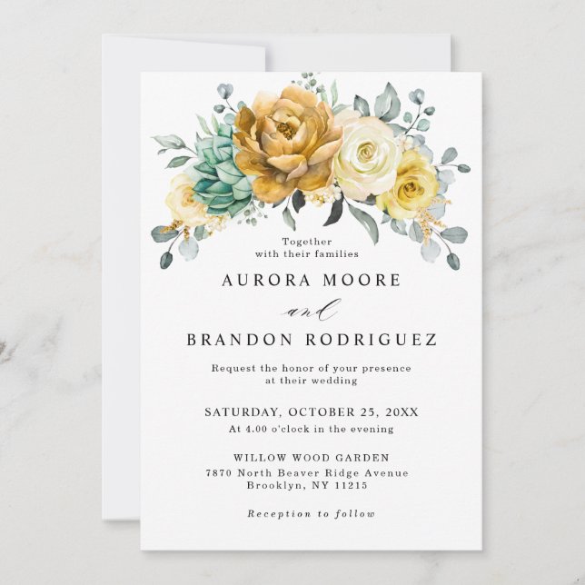 Mustard Yellow Floral Sage Grüne Moderne Hochzeit Einladung (Vorderseite)