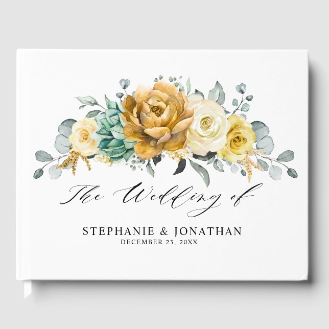 Mustard Yellow Floral Sage Grüne Moderne Hochzeit Gästebuch (Vorderseite)