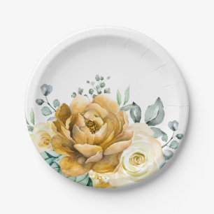 Mustard Yellow Floral Sage Grüne Moderne Hochzeit Pappteller