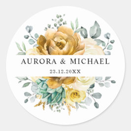 Mustard Yellow Floral Sage Grüne Moderne Hochzeit Runder Aufkleber