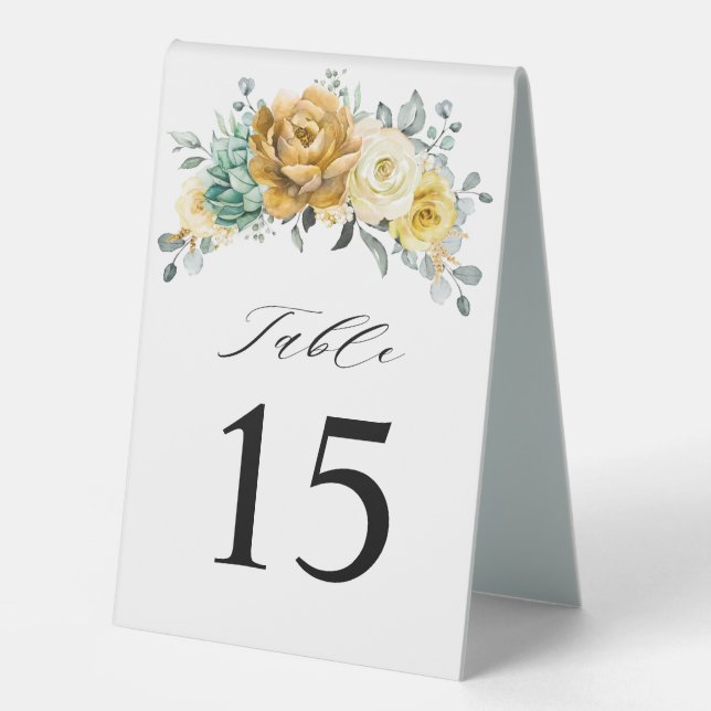 Mustard Yellow Floral Sage Grüne Moderne Hochzeit Tischaufsteller (Vorderseite)