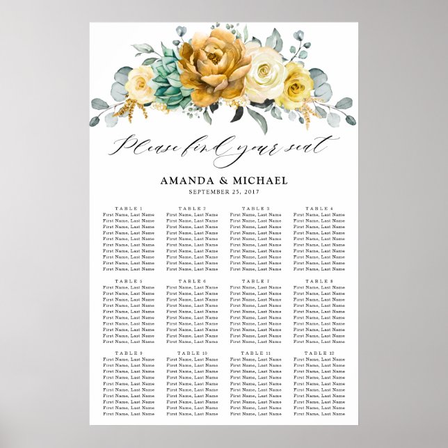 Mustard Yellow Floral Sage Hochzeitsdiagramm Poster (Vorne)