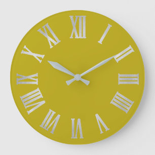 Mustard Yellow Lime Silver Gray Roman Number Große Wanduhr