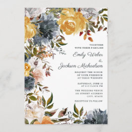 Mustard Yellow Navy Blue Watercolor Floral Wedding Einladung