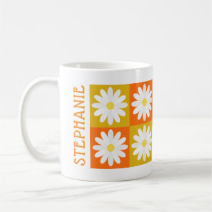 Mustard Yellow Orange Daisy Retro Checkerboard Kaffeetasse