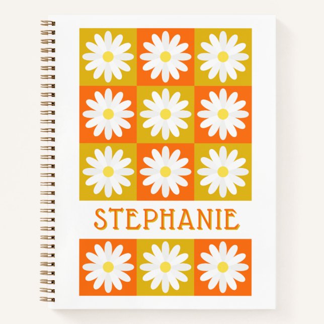 Mustard Yellow Orange Daisy Retro Checkerboard Notizbuch (Vorderseite)