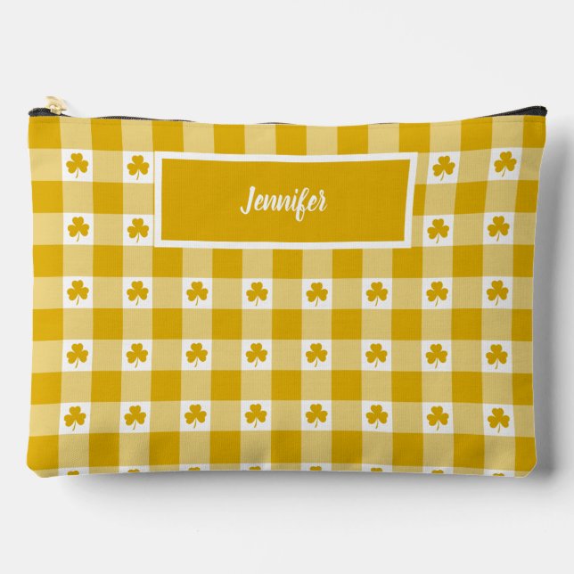 Mustard Yellow Plaid Shamrock Customizable  Zubehörtasche (Vorderseite)