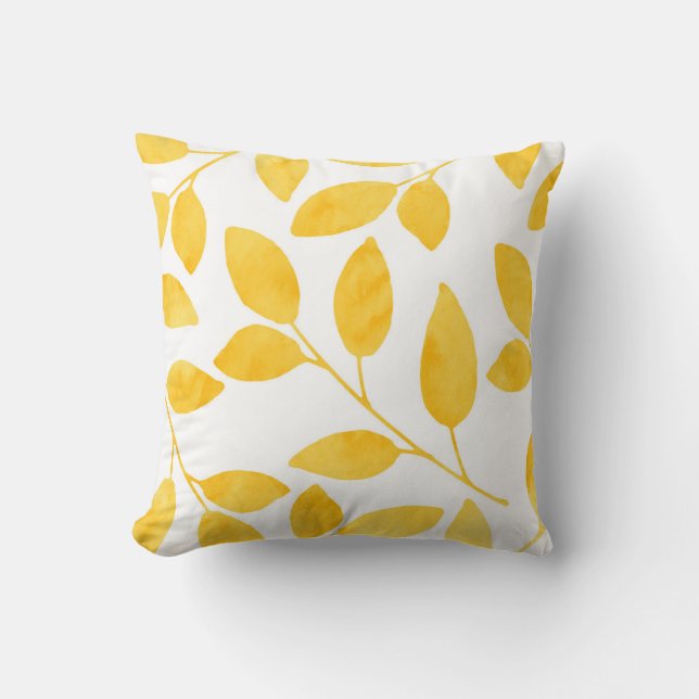 Mustard Yellow Watercolor-Blätter Kissen (Vorderseite)