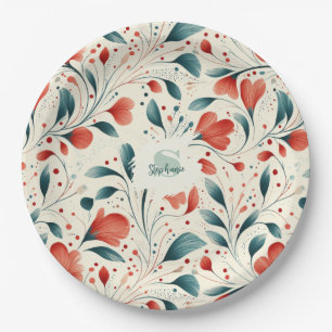 Muster aus blauem Leaf und rotem Flor Pappteller