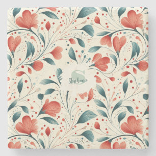 Muster aus blauem Leaf und rotem Flor Steinuntersetzer