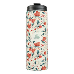 Muster aus blauem Leaf und rotem Flor Thermosbecher