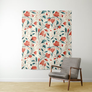 Muster aus blauem Leaf und rotem Flor Wandteppich