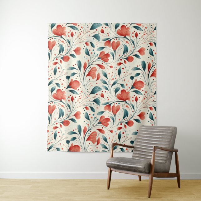 Muster aus blauem Leaf und rotem Flor Wandteppich (Beispiel)