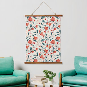 Muster aus blauem Leaf und rotem Flor Wandteppich Mit Holzrahmen