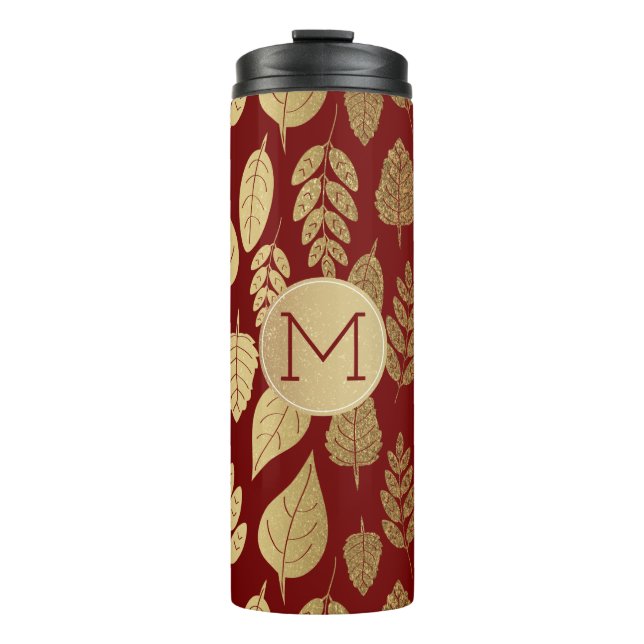 Muster aus Gold und Rotem Leaf und Monogramm Thermosbecher (Vorderseite)