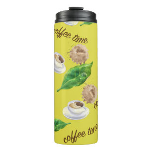 Muster aus Kaffee-Wasserfarbe-Tassen und Kaffee Thermosbecher
