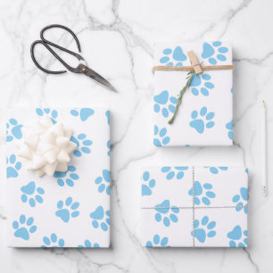 Muster aus Pfoten, Hundepfoten, Babyblaue Pfoten Geschenkpapier Set