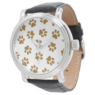 Muster aus Pfoten, Hundepfoten, orange-goldene Pfo Armbanduhr