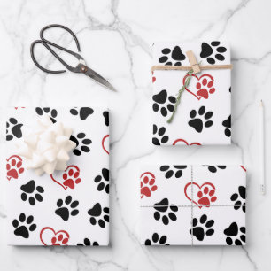 Muster aus Pfoten, schwarzen Pfoten, roten Pfoten, Geschenkpapier Set