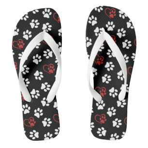 Muster aus Pfoten, weiße Pfoten, rote Pfoten, Herz Flip Flops