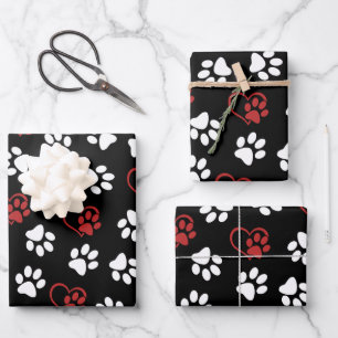 Muster aus Pfoten, weiße Pfoten, rote Pfoten, Herz Geschenkpapier Set
