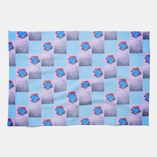 Muster aus Quadraten und blauen Blüten Geschirrtuch (Horizontal)