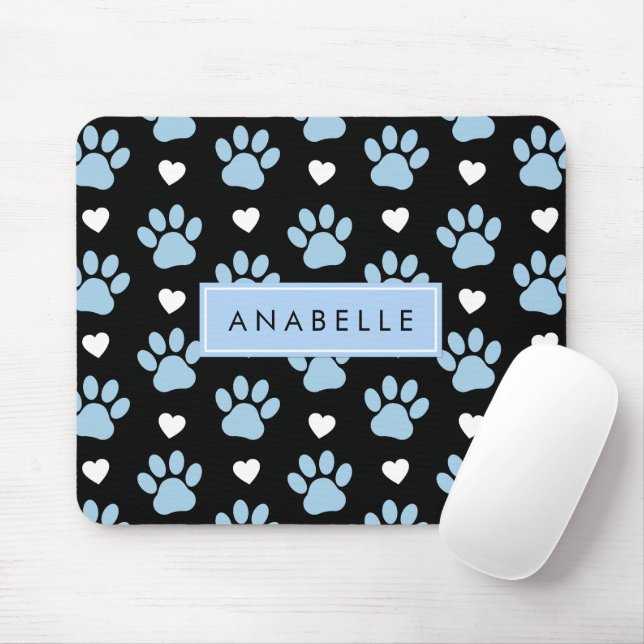 Muster, blaue Paws, weiße Herzen, Ihr Name Mousepad (Mit Mouse)